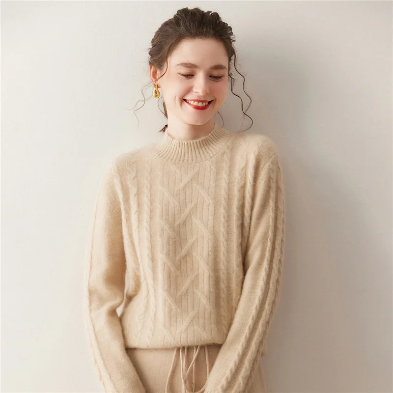 

Vintage Autumn Winter Sweater Pullover Twist Flower 100% Cashmere Women Sweater Half High Collar Casual Basic Pullover Warm Knit