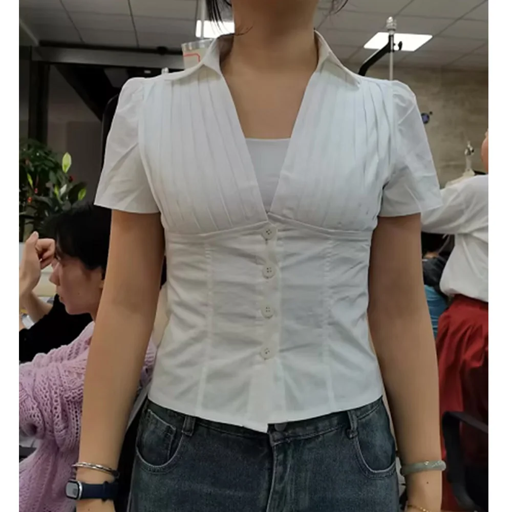 

Women Summer y2k Coquette Button Shirts E-Girls Short Sleeve Cute Babydoll Tee Fairy V-neck Slim Fits Tops 90s Vintage Blouse