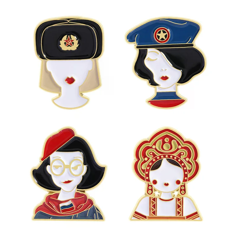 الكرتون الروسية فتاة الملابس الوطنية مع النظارات الشمسية المينا دبوس الجنود الروسية الصورة الرمزية بروش شارة التلبيب مجوهرات هدية