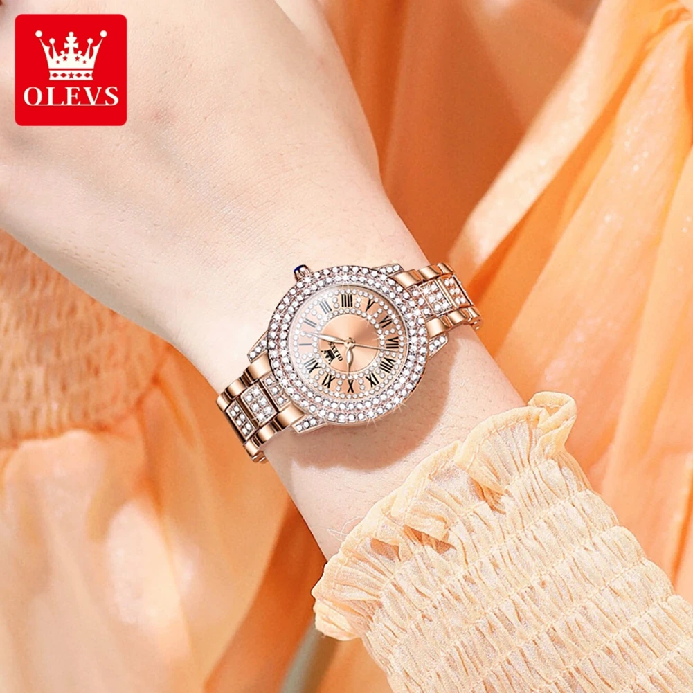 OLEVS 9943 Rose Gold Ladies Watch Stainless Steel Waterproof Full Diamond Quartz Watch for Women Set Gift