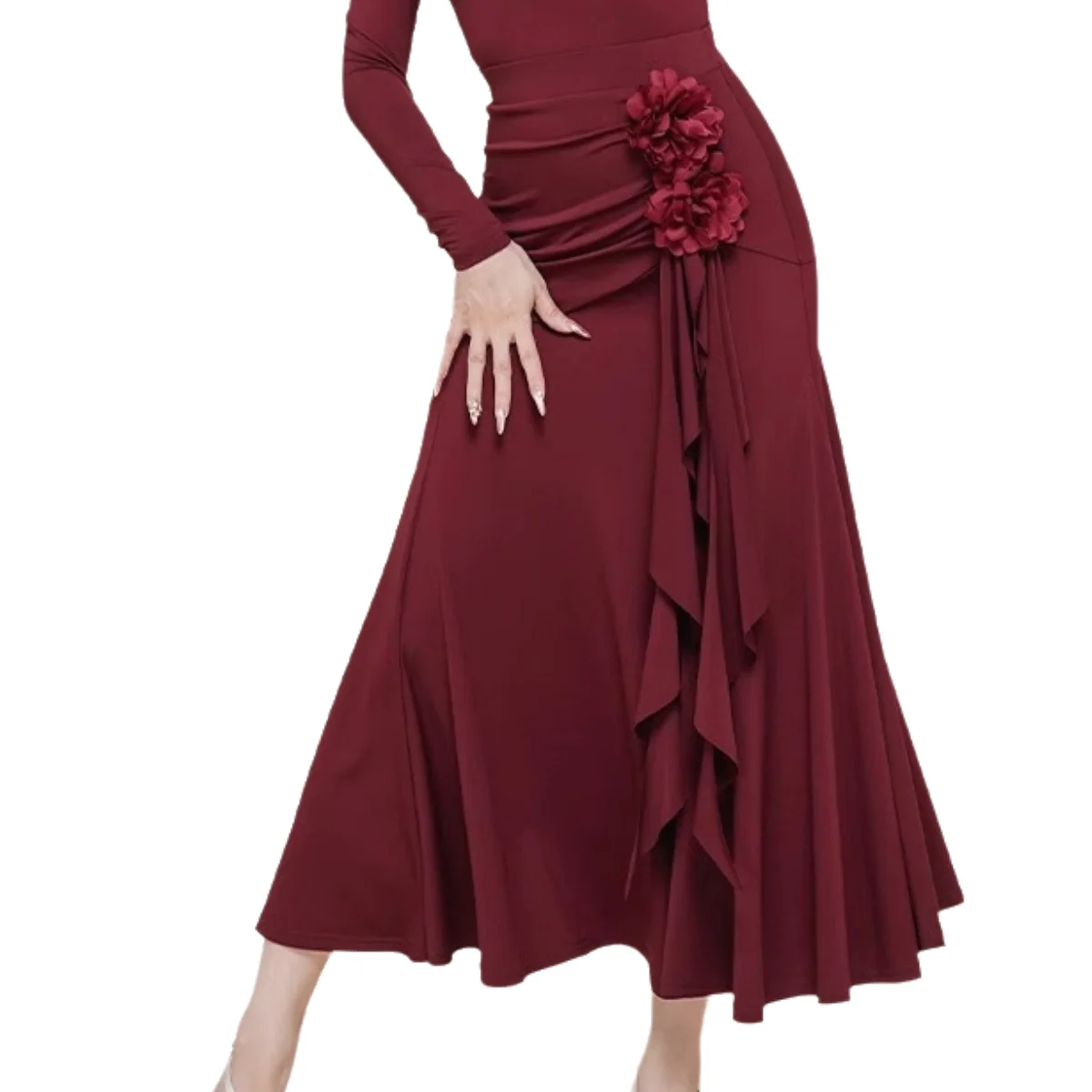 レッドスプリットラテン社交スカートブラックエレガントロングダンススカートフラメンコタンゴスカートダンス服ダンス衣装