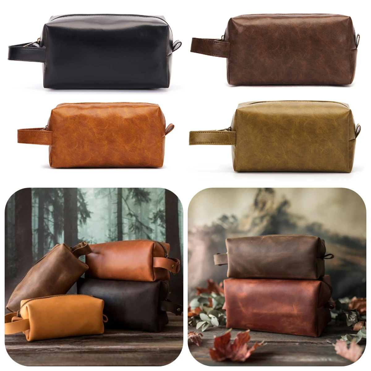 Men Vintage Cosmetic Bag Pu Leather Toiletry Storage Bag Travel Organizer Casual Handbag Women Makeup Bag 2024 Gift