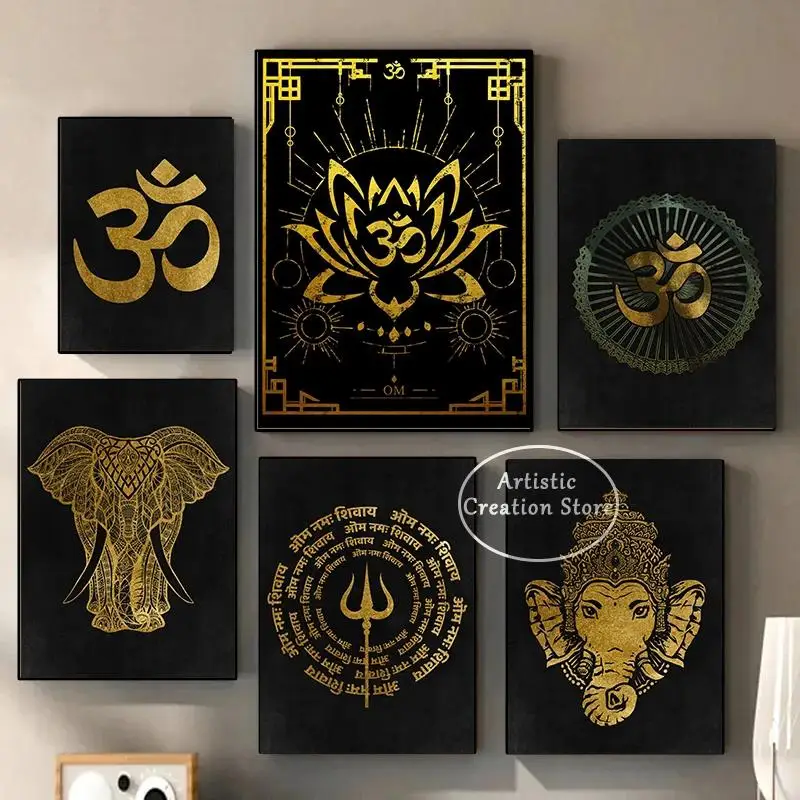 Golden Om Hindu Symbol Ganesha Poster Indischer Gott Leinwanddrucke Wandkunst für Wohnzimmer Schlafzimmer Minimalistisches Dekor Spirituelles Zuhause