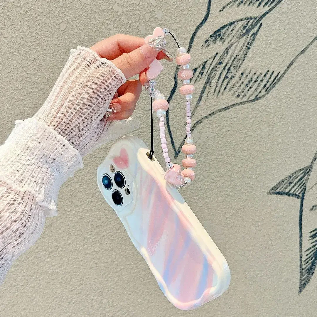 قوس قزح حالة موجة فراشة مع حزام المعصم لفون ، 15 ، 16 Pro Max ، 11 ، 12 ، 13 ، 14 Pro Max ، 16 Plus ، 7 ، 8 ، XR ، X ، 13 Mini