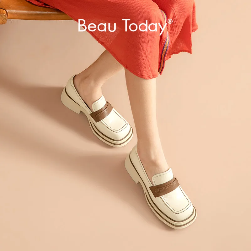 

BeauToday Patent Leather Loafers Women Calfskin Patchwork Square Toe Sewing Retro Ladies Block Heel Shoes Handmade 26516