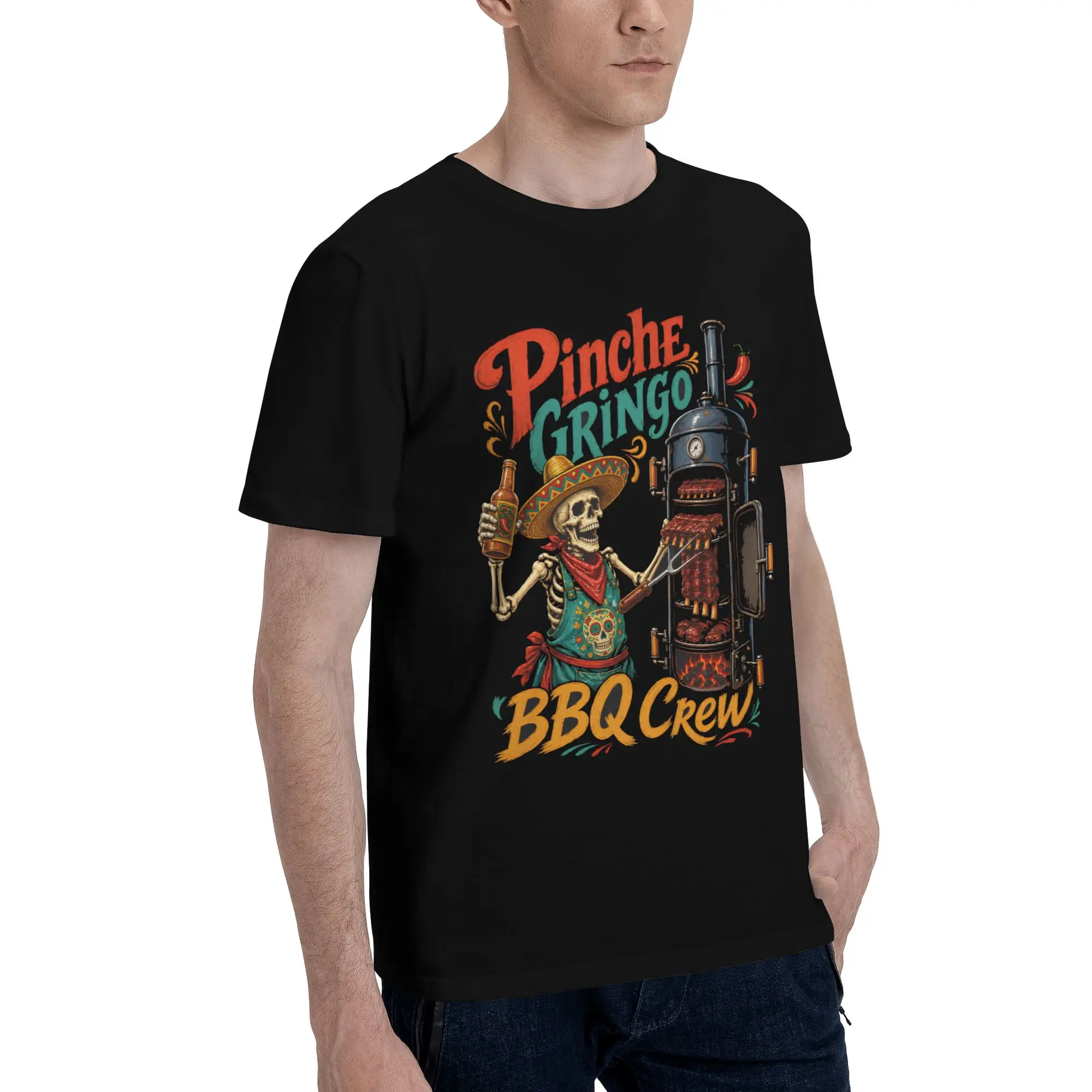Men Women Pinche Gringo BBQ Crew Skeleton Grilling Beer T Shirt Cotton Printed Tee Shirts  Clothing Outfits