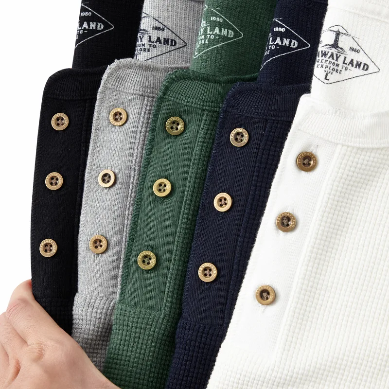 

Men's Pure Color Long-Sleeved T-Shirt with Henley Neck: Classic American Style Inner Wear 100% Cotton Breathable Sweat-wicking