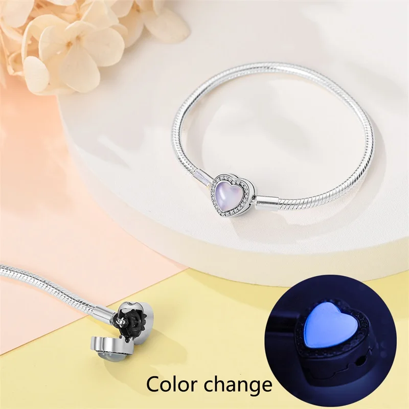 New Bracelets 925 Silver Original Pink Princess Glow Cat Claws Heart Shaped Bracelets Fit DIY Charms Beads Birthday Jewelry Gift