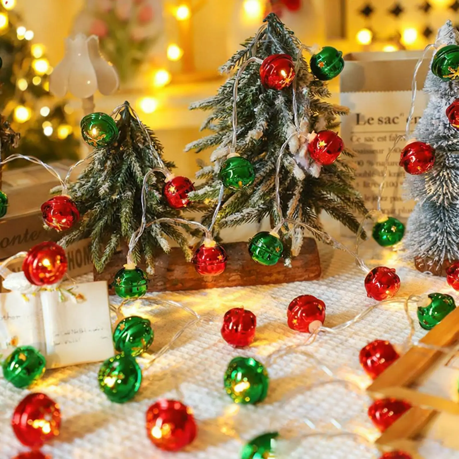 Christmas Red Green Bells String Lights Hanging Garland Decorative Lamp Battery Powered For Home Bedroom Fireplace Decor