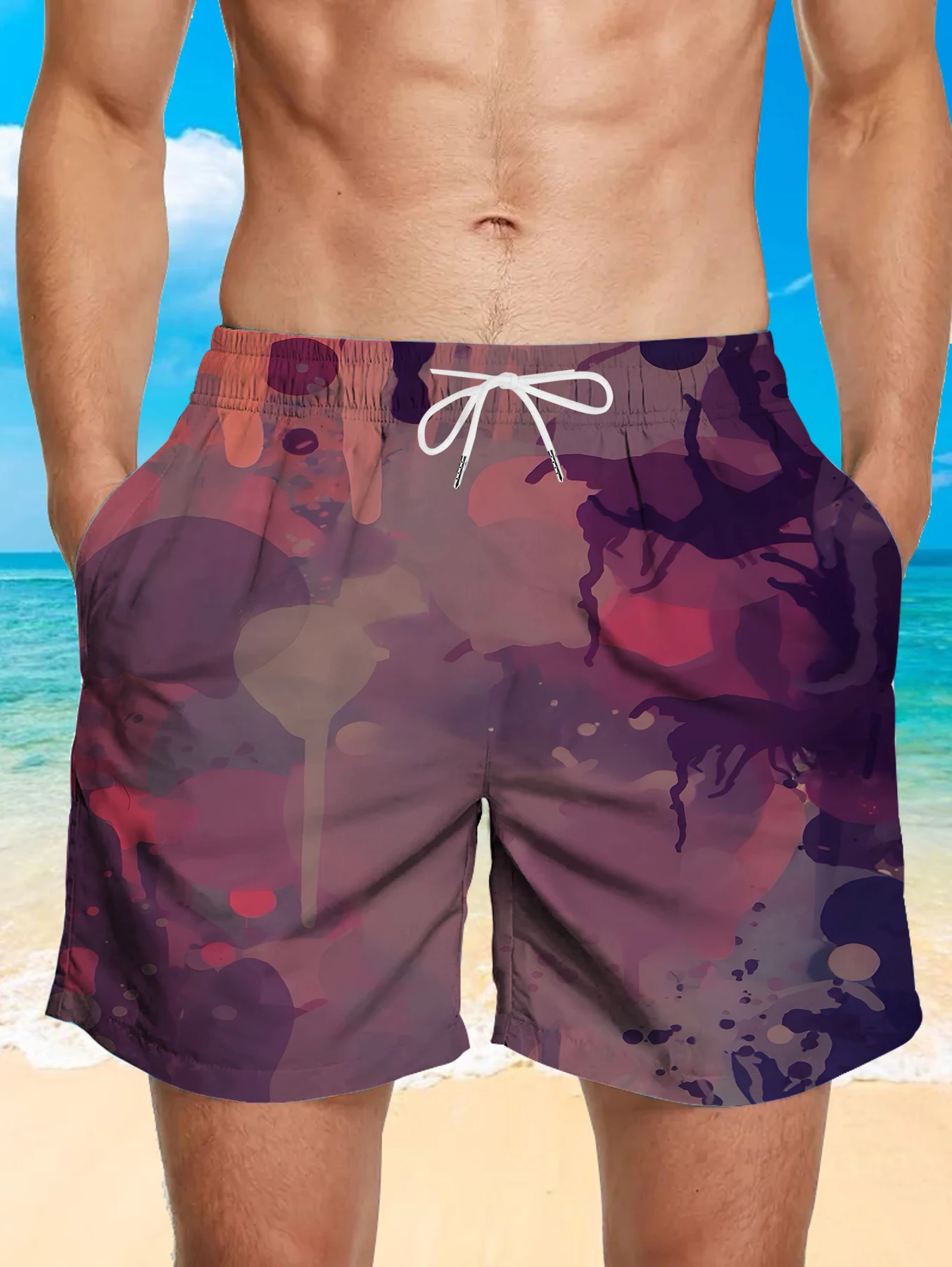 

Elastic Waist Men Beach Shorts Full Digital Print Polyester Quick Dry Swimwear