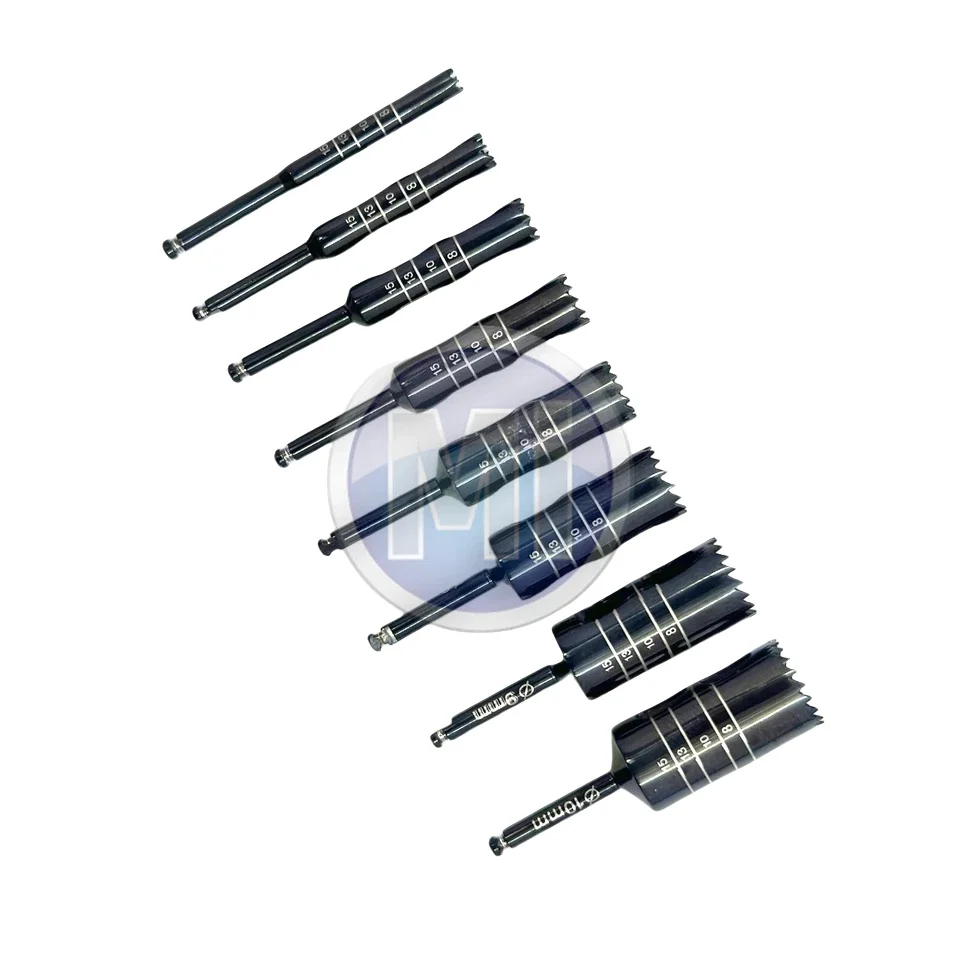 8Pcs Dental Implant Drills Kit Implant Long Trephine Bur Drills Surgical Instruments Dental Tools Black Titanium Coated Cutter