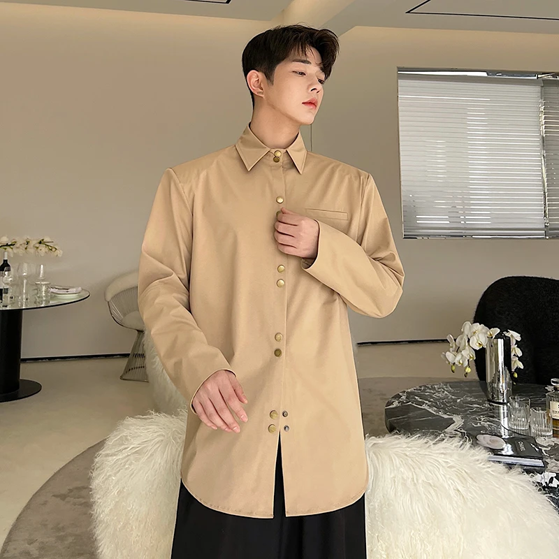 

Shoulder Pad Men's Long Sleeve Shirt Copper Button Loose Fit Youth Trend Spring Summer Autumn Winter Color Casual Wear