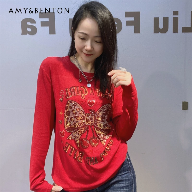 

Heavy Craft Rhinestone Bow Long Sleeve Bottoming Shirt Women's Autumn And Winter Ribbed Cotton Slim Fit Red O-Neck Inner T-shirt