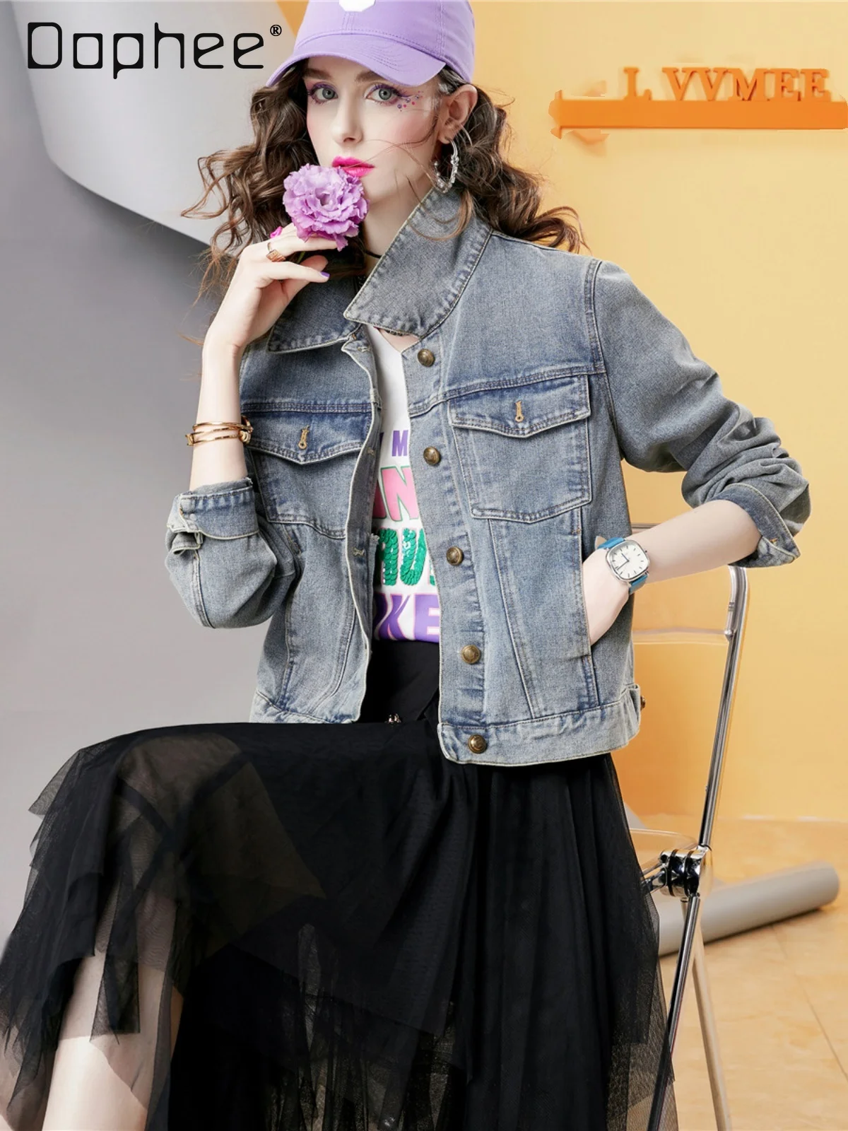 

European Goods Embroidery Pattern Faux Pocket Denim Coat for Women Spring Fashion Loose-fit Long-Sleeve Trenddy Denim Jacket