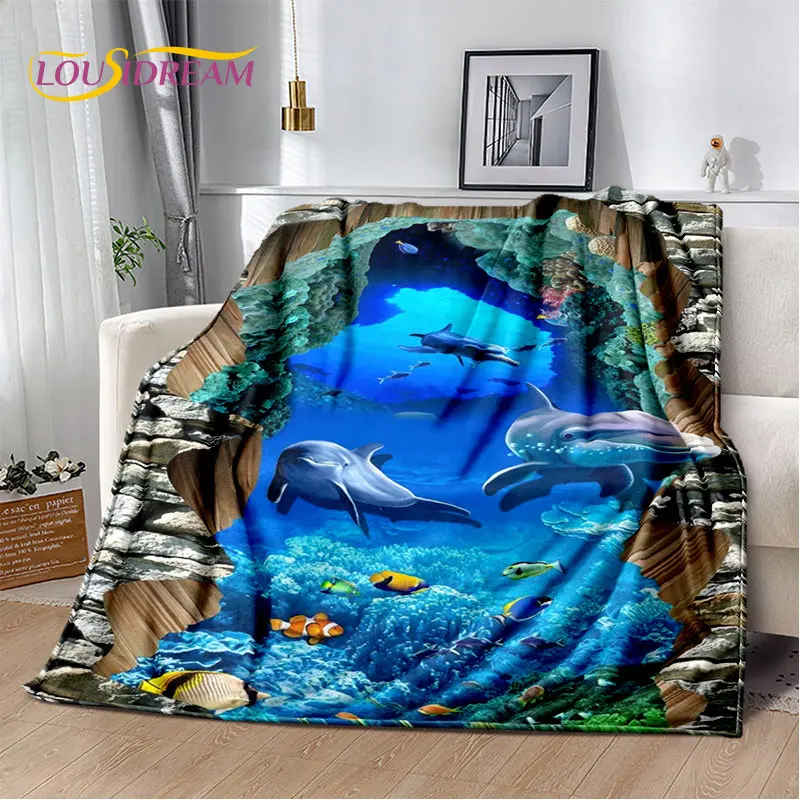 3D Seabed Illusion Underwater World Dolphin Fish Plush Blanket,Flannel Blanket Throw Blanket for Living Room Bedroom Beds Sofa