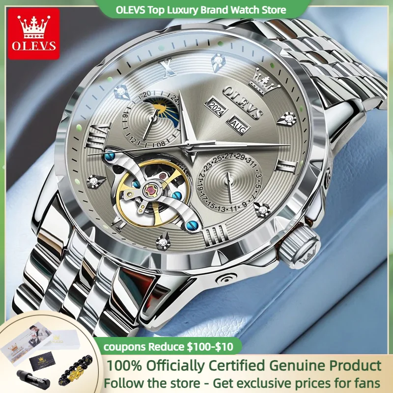 男性用機械式フライホイールウォッチ,高級時計,日付,自動,ムーンフェイズ,発光,防水,オリジナルブランド,OLEVS-6691