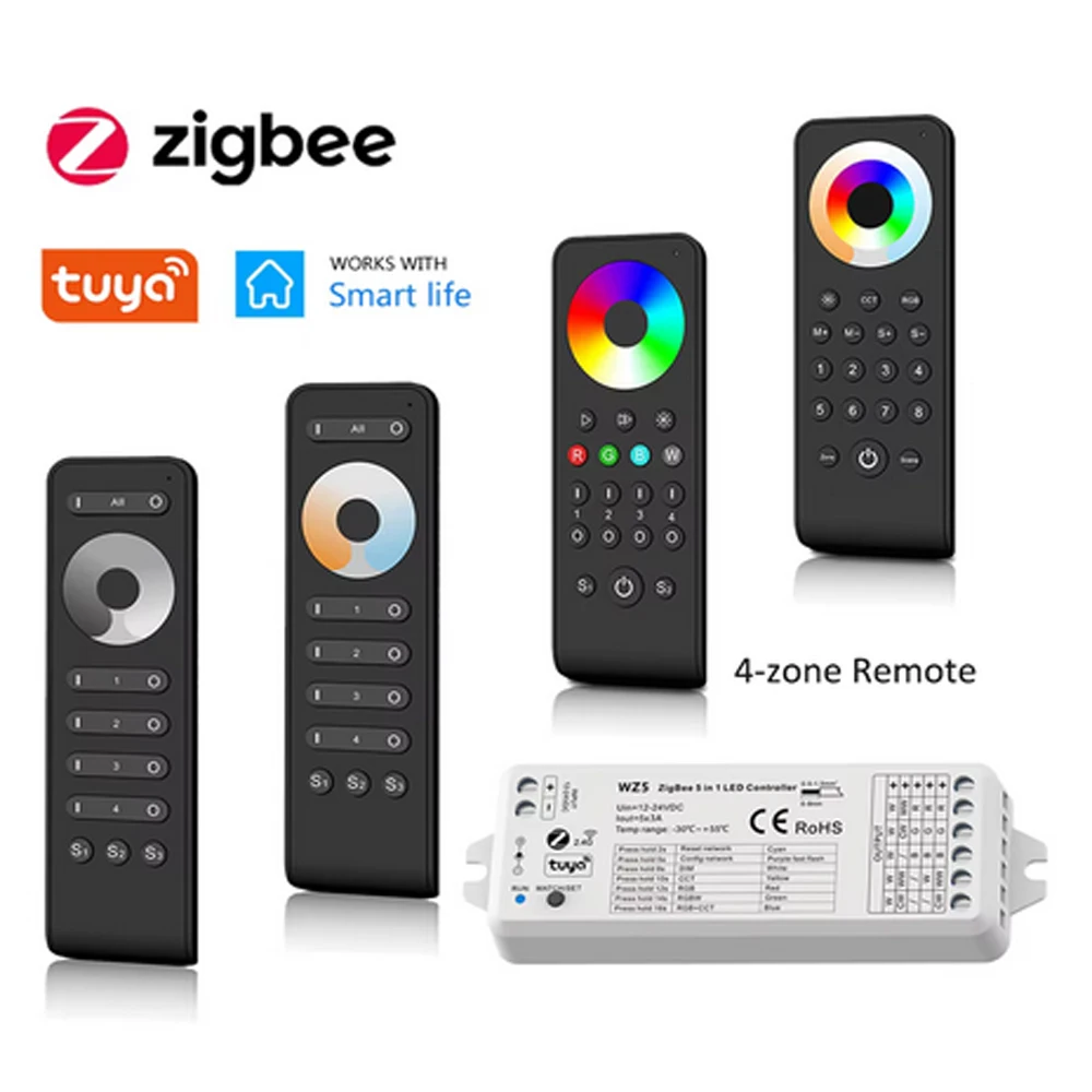 5in1 Tuya Zigbee 3.0 LED Controller Dimmer CCT RGBW RGB+CCT RGBCW Strip 12V 24V 2.4G Remote fr Alexa Google Home Smart Life APP