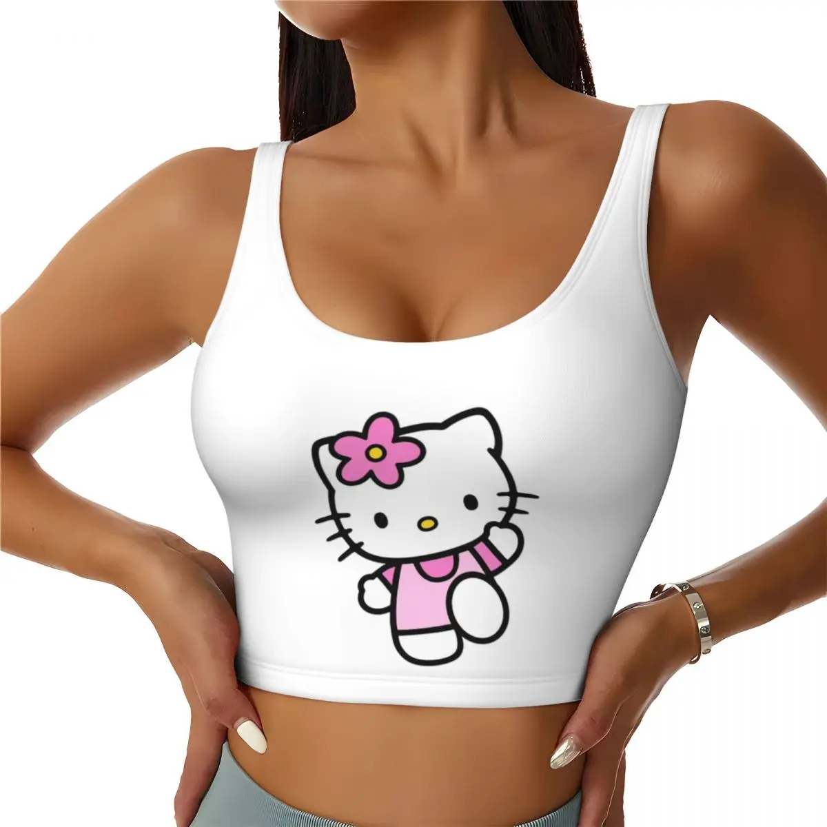 

Custom Hello Kitty Cartoon High Impact Sports Bras for Women Kitty White Sanrio Seamless Workout Yoga Crop Tank Tops
