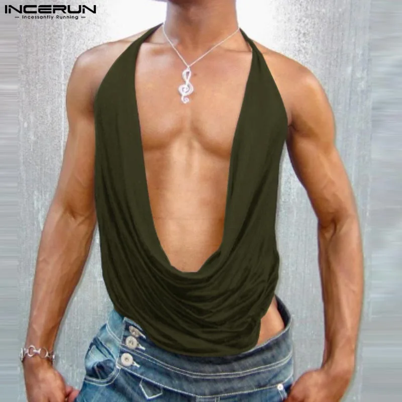 Sexy Stylish Style Tops INCERUN New Mens Backless Swing Neck Design Vests Casual Streetwear Solid All-match Sleeveless Tank Tops