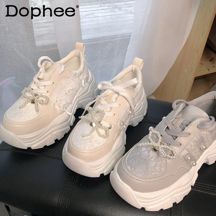 

Japanese Style Sweet Bow Pearl Lolita Sports Shoes for Women 2024 Autumn New Girls Platform Casual Shoes female Fashion Sneakers