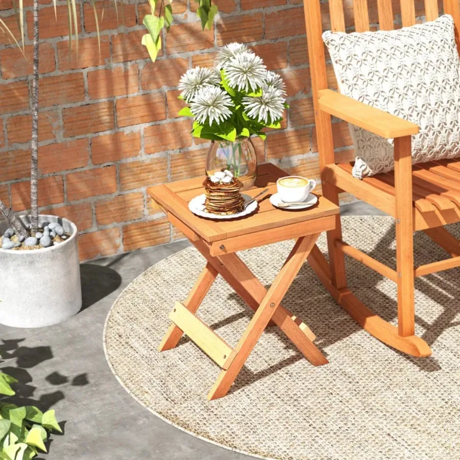 

14 Inch Compact Folding Side Table with Slatted Tabletop