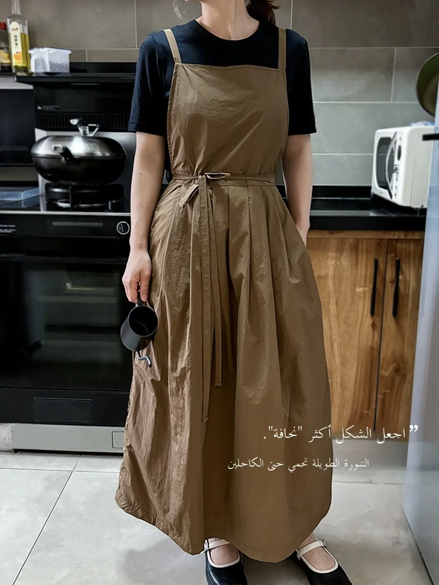 

Fashionable Long Young Style Apron Kitchen Use Waterproof Oil Resistant High End Feeling Women's Apron with Pockets for Cooking