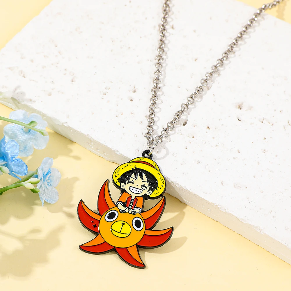 Pirate Anime Necklace - Metal Badge Pendant Choker, Skull and Anchor Cartoon Characters Luffy and Zoro Necklace