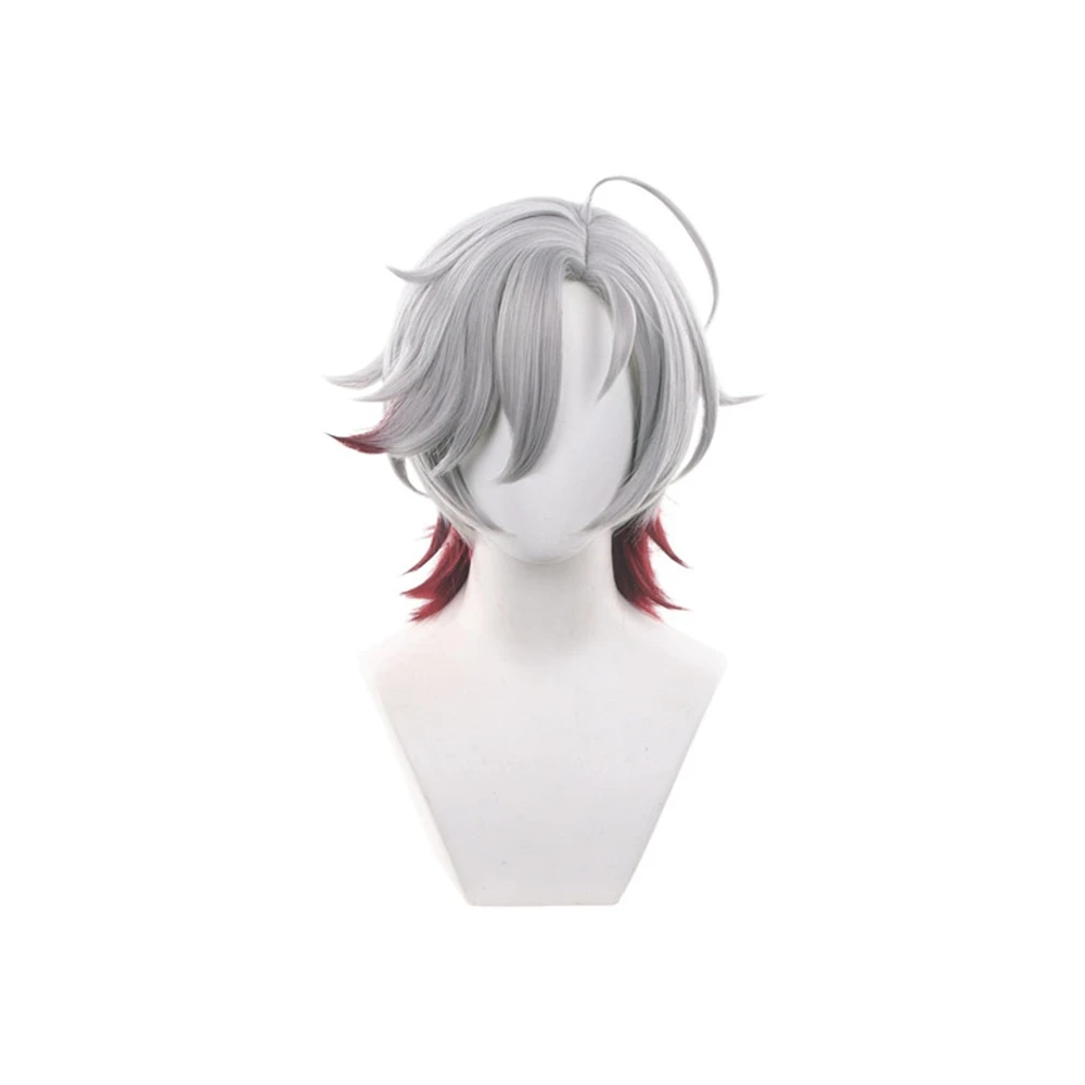 Short Silver Gray Wig With Red Tips And Ahoge For Anime Cosplay Costume Party Halloween Accessory Unisex Synthetic Hairpiece
