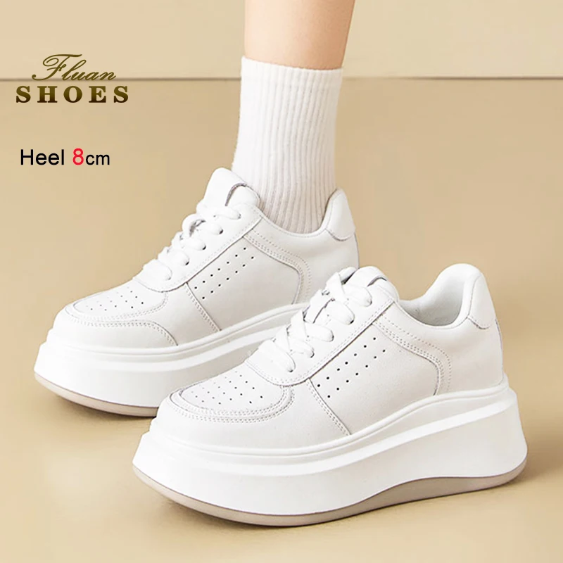 

New Height Increasing Shoes For Woman 8CM Thick Soled Casual Little White Shoes Women Lace-up Plate Shoes Zapatos Para Mujeres