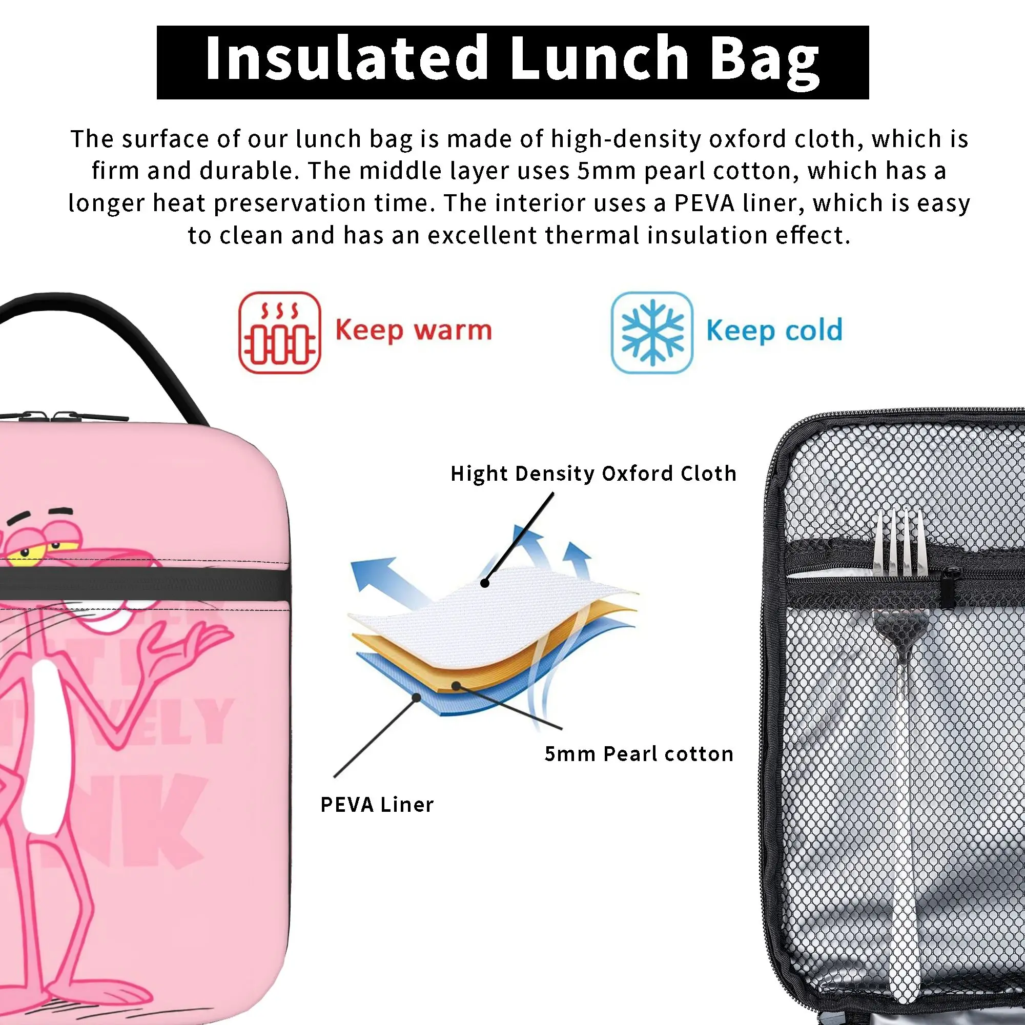 Cartoon Insulated Lunch Bag Leakproof Pinks Panthers Reusable Cooler Bag Tote Lunch Box Beach  Outdoor Bento Pouch view 4