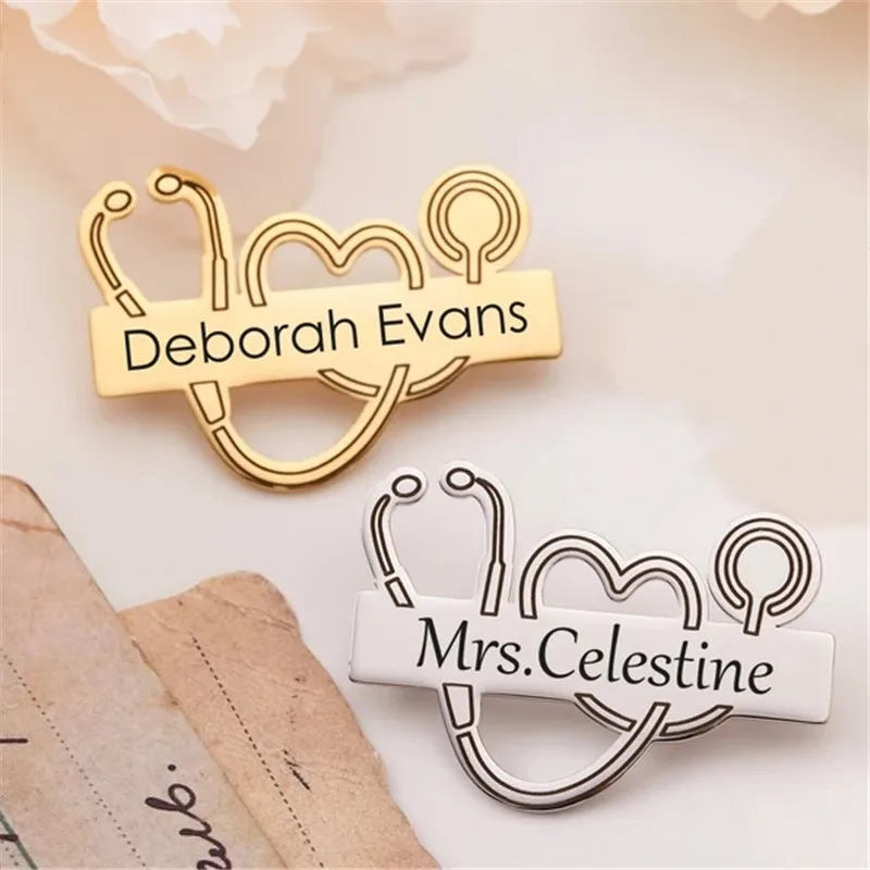 Personalized Customized Name Brooches For Women Gold Color Stainless Steel Letter Stethoscope Pin Badges Broochs Wedding Jewelry