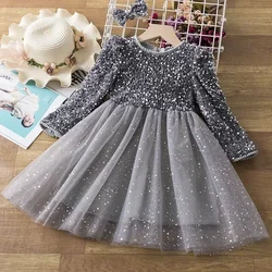 Sequin Elegant Princess Dress for Girls Kids Birthday Wedding Evening Prom Gown Fall Winter Long Sleeve Children's Dress 3-8 Yrs