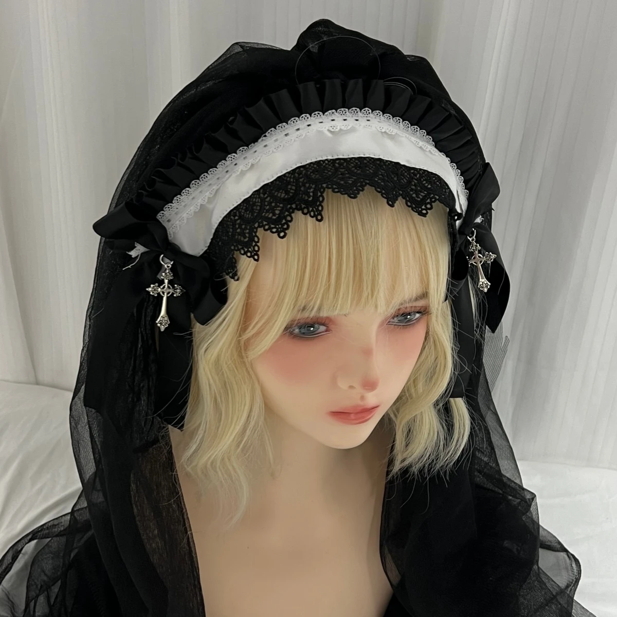 

Lolita Headpiece Night Church Virgin Cross Embroidered Shawl Headband veil Gothic Lace Ruffled Hair Accessory