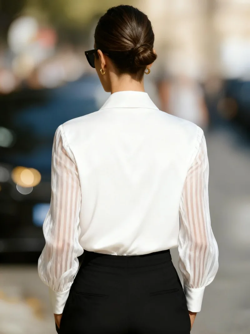 قميص أنيق عالي الجودة بلون واحد الصدر مخرم بأكمام طويلة قميص من الساتان قميص شيفون للنساء بلوزات