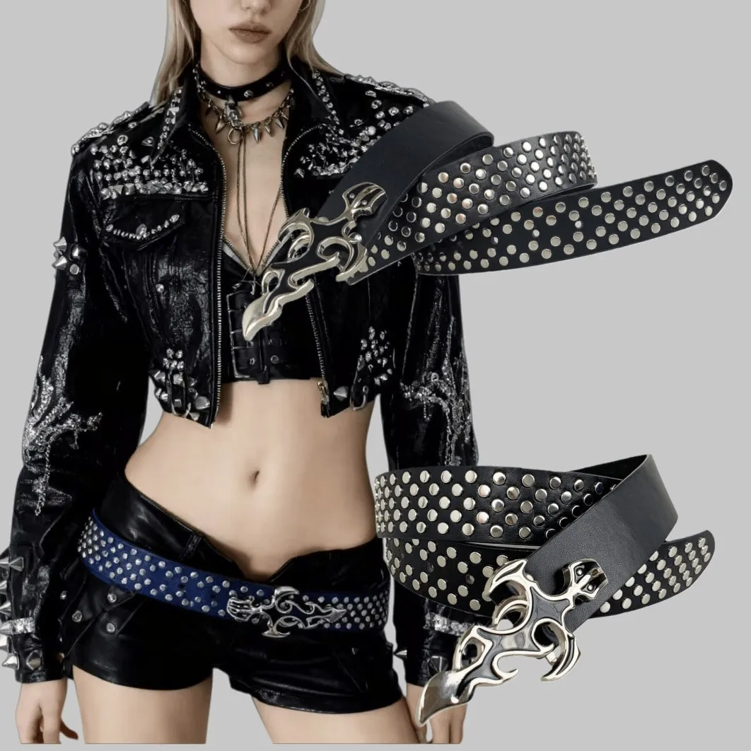 

Панк-ремень с серебряными заклепками, европейский и американский стиль, модный тренд, рок-ремень, уникальный, стильный и индивидуальный.