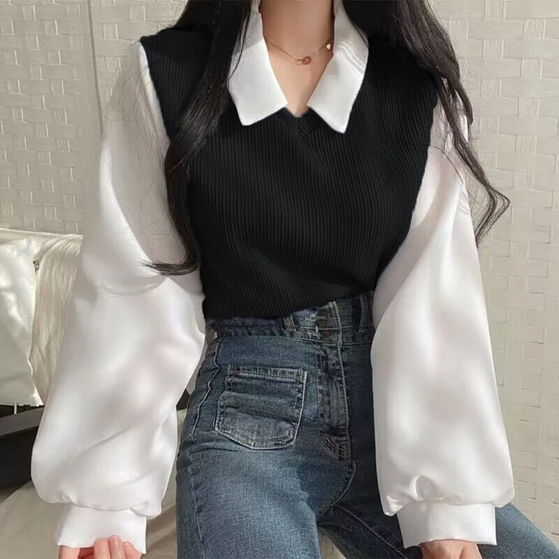 Y2k Sweet Women Shirts False Two-piece Loose Female Casual Blouse Korean Preppy Style New Chic Ladies Autumn Tops