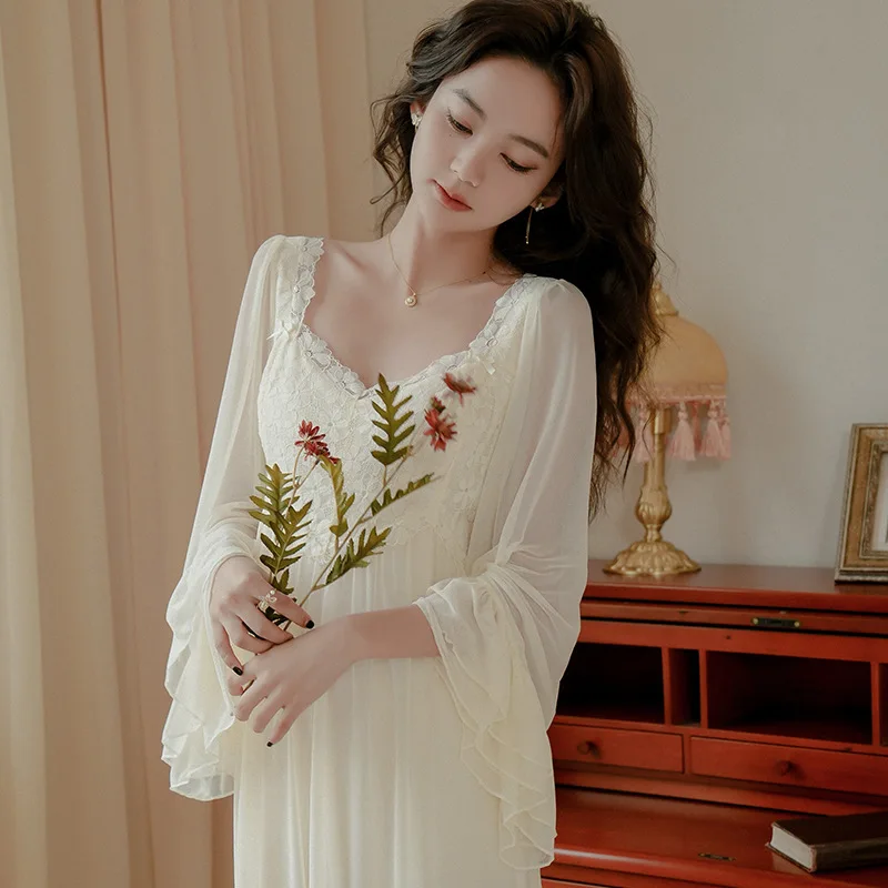 

Sweet Sexy Fairy Gauze Women Nightdress Spring Fall Night Dress Lace Peignoir Long Nightown Apricot Princess Sleepwear Nightwear