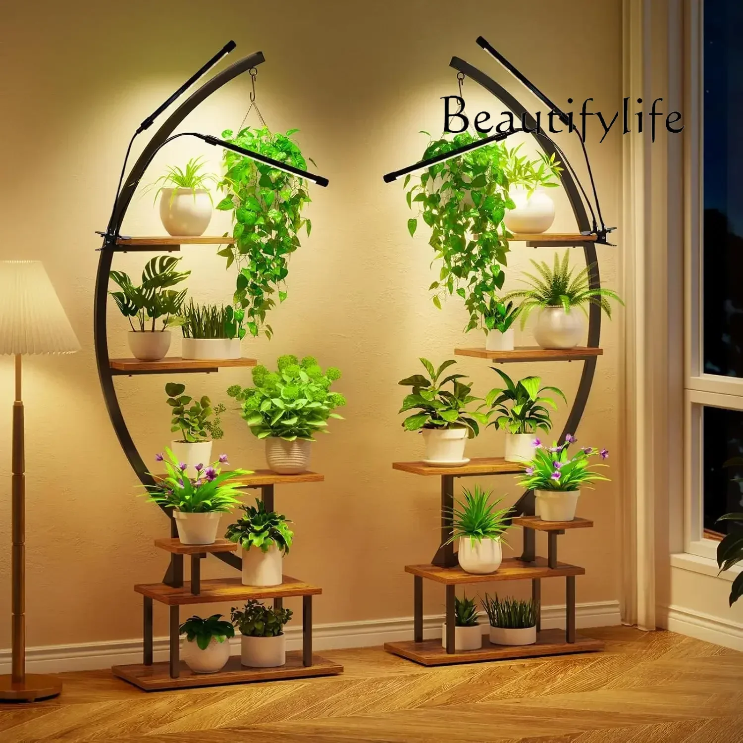 

W High-qualityPlant Stand With Grow Lights, Half Moon 7 Tiered Metal Plant Shelf, Curved Ladder Flower Pot Stand Display Rackmu
