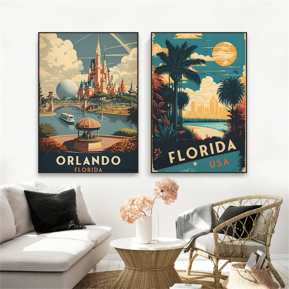 Orlando Florida Travel Prints Disney Wall Art Poster Florida Travel Poster USA Retro Canvas Painting Home Nursey Room Decoration