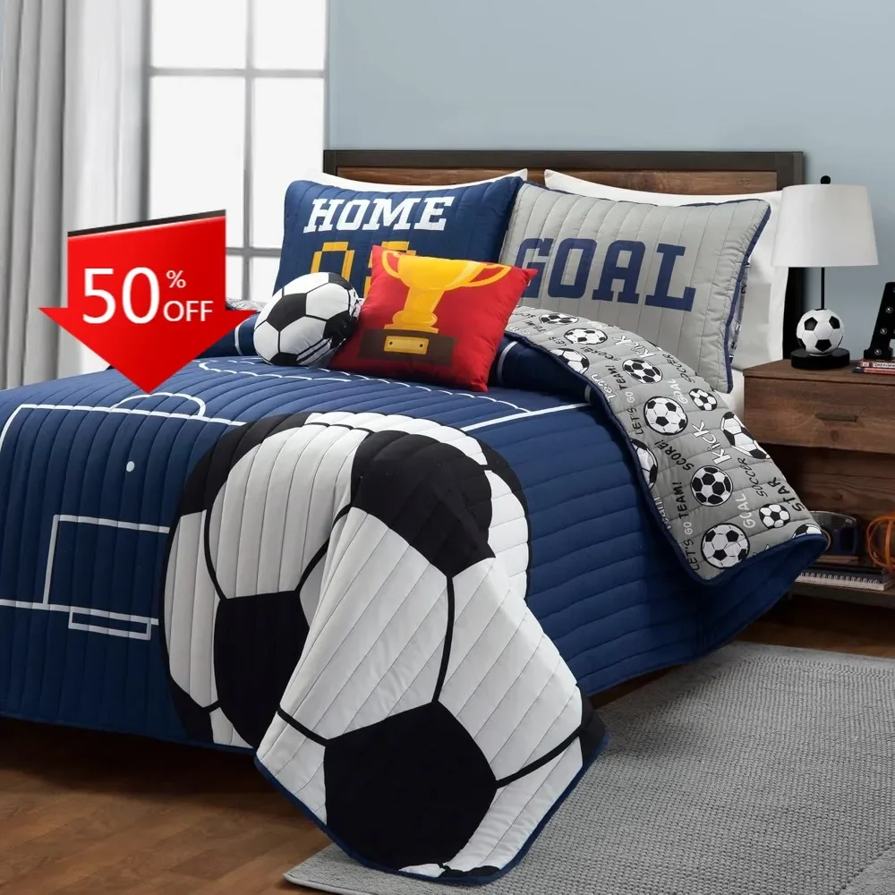 

Soccer Game Reversible Quilt Set, Full/Queen Size, Navy & Gray - Sporty Bedding Collection