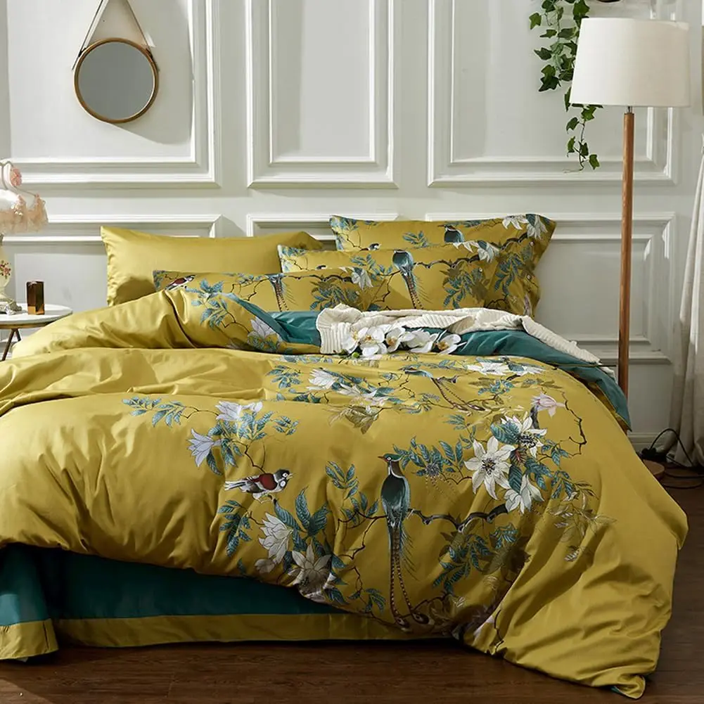 

Reversible Floral Birds Duvet Cover Set with Zipper, Queen Size 3-Piece Cotton Bedding in Peacock Blue