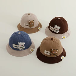 Autumn Winter Baby Fisherman Hats Lovely Cartoon Bear Pattern Kids Boys Girls Sun Hat Thick Corduroy Children Bucket Caps