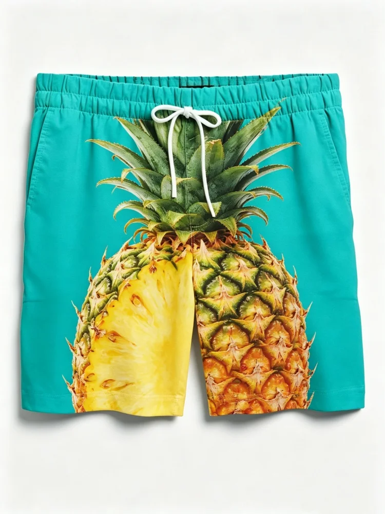 Men Cyan 3D Split Pineapple Print Drawstring Elastic Waist Casual Beach Shorts with Side Pockets