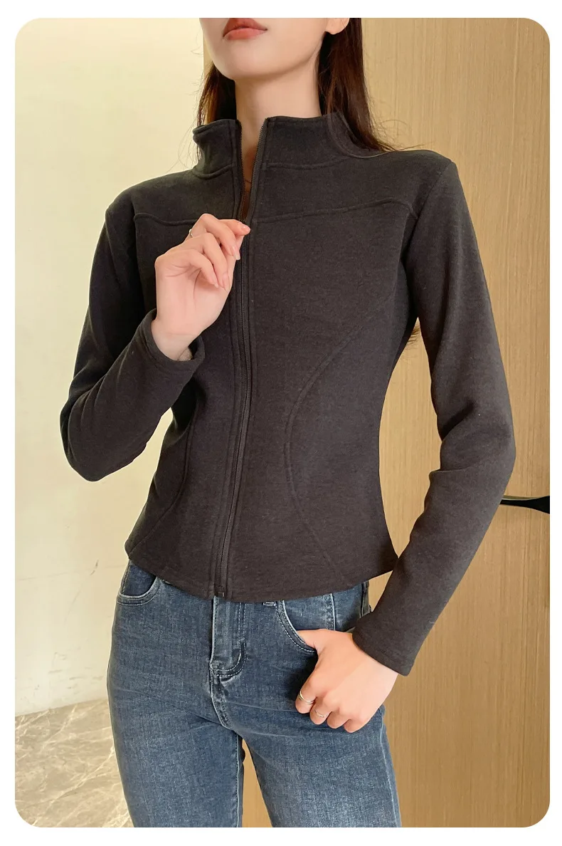 Women's Slim Fit Fleece Lined Short Sweatshirt Jacket Autumn Winter Thick Warm Zipper Jackets Woman Solid Stand Collar Yoga Wear