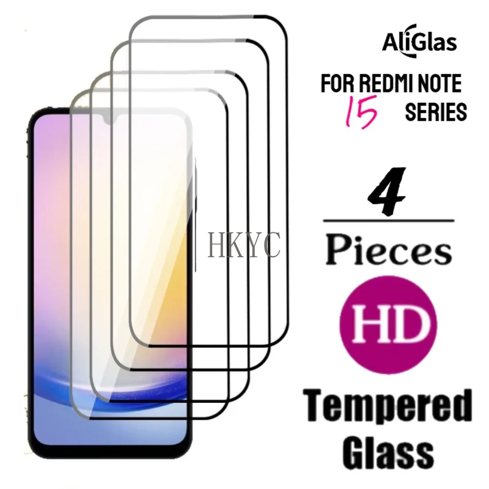 4 Pieces Black Edge Glue Tempered Glass Film For Redmi Note 15 4G 5G 15 Pro Plus 5G 15 Pro 4G 15Pro 5G Screen Protectors HD Film