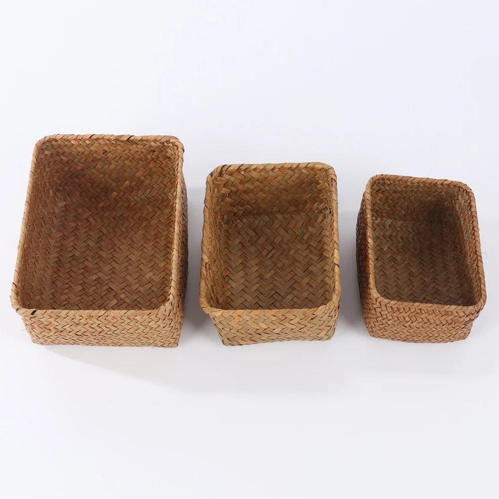 Handmade Woven Seagrass Storage Basket Straw Rattan Basket Picnic Basket Fruit Storage Box Cosmetic Storage Container Home Decor