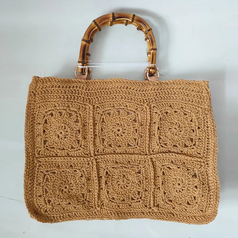 Bohemian Rope Crochet Tote Bamboo Handle Handbags National Style Knitting Shoulder Bag Hollow Travel Beach Bags for Women 2023