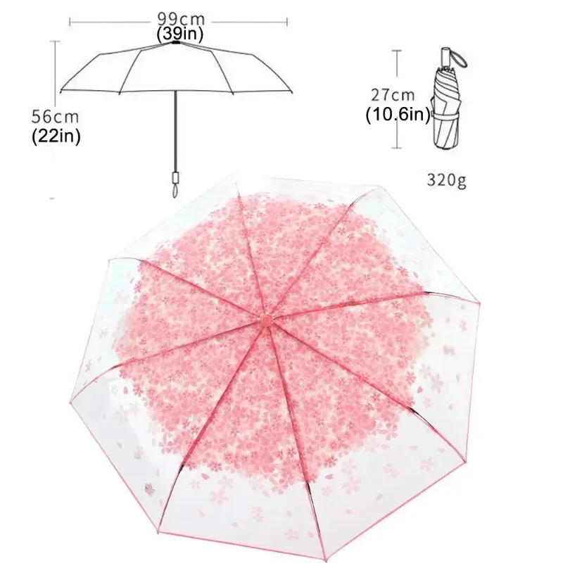 1Pcs Cute Korean Umbrella Folding Cute Korean Mini Fresh Simple Sen Series Trifold Cherry Blossom Transparent Japanese Umbrella