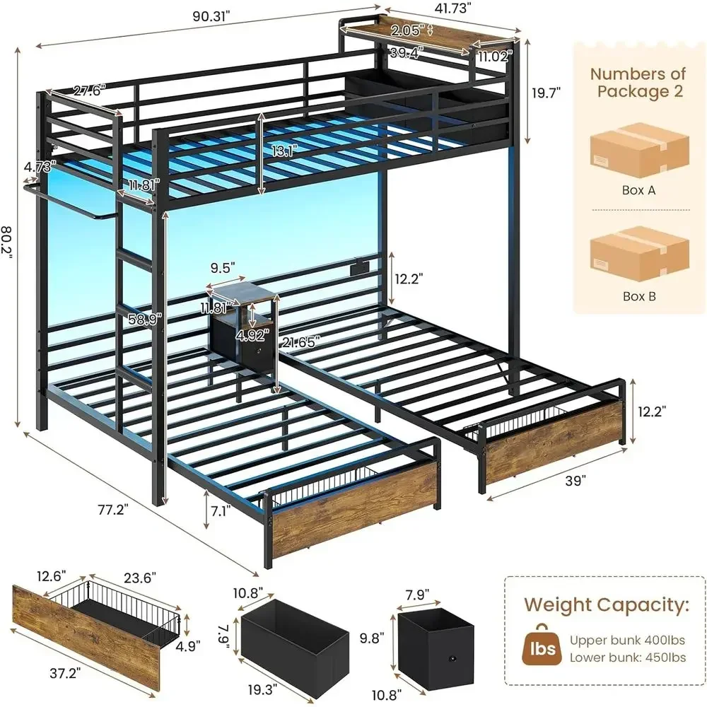 Triple Bunk Bed with Storage Drawers and Charging Station, Twin Over Twin Metal, 3 Beds, Guardrails, Ladder, No Box Spring, Blac