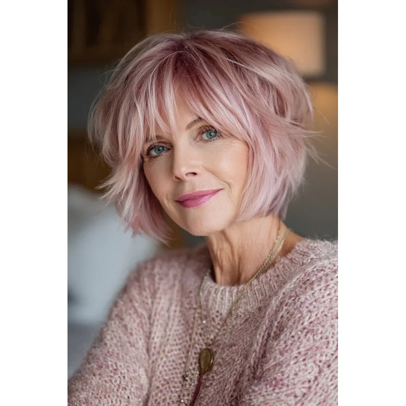 Short Light Pink Bob Wigs with Bangs 100% Human Hair Lace Front Wigs